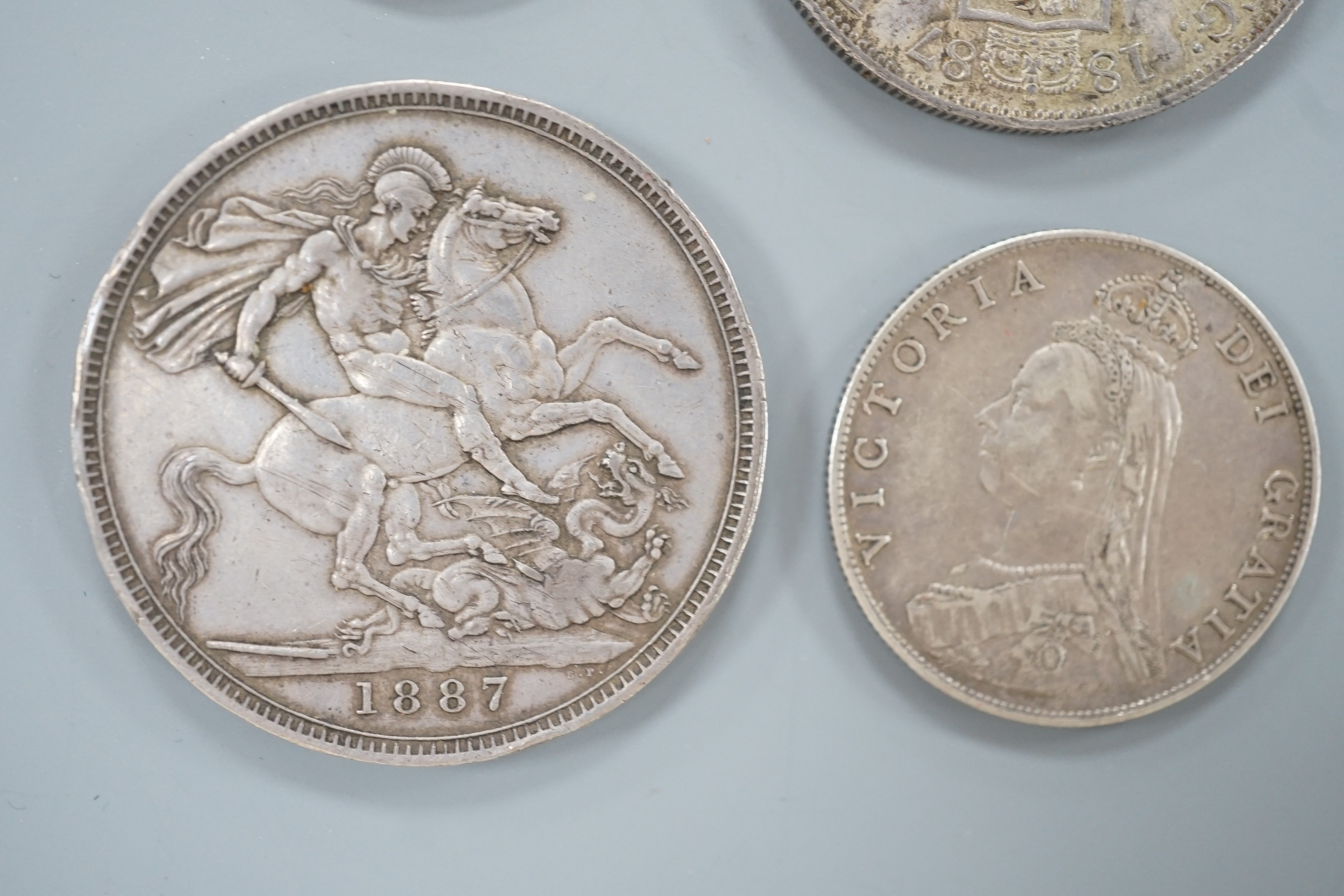 Victoria silver Jubilee head coins, double florin 1887, hairlines otherwise AEF, crown 1887, VF, florin 1887, VF, shilling 1887, EF